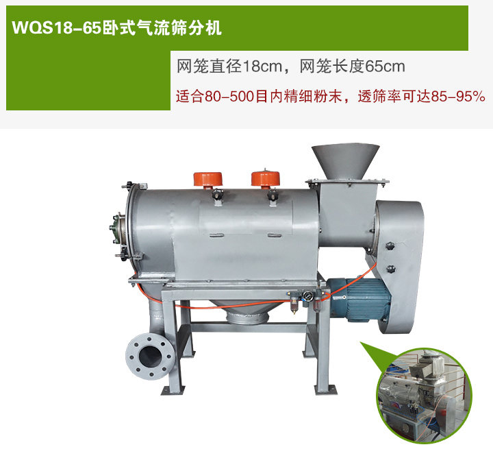 WQS18-65臥式氣流篩分機(jī)網(wǎng)籠直徑為18cm，網(wǎng)籠長度為65cm